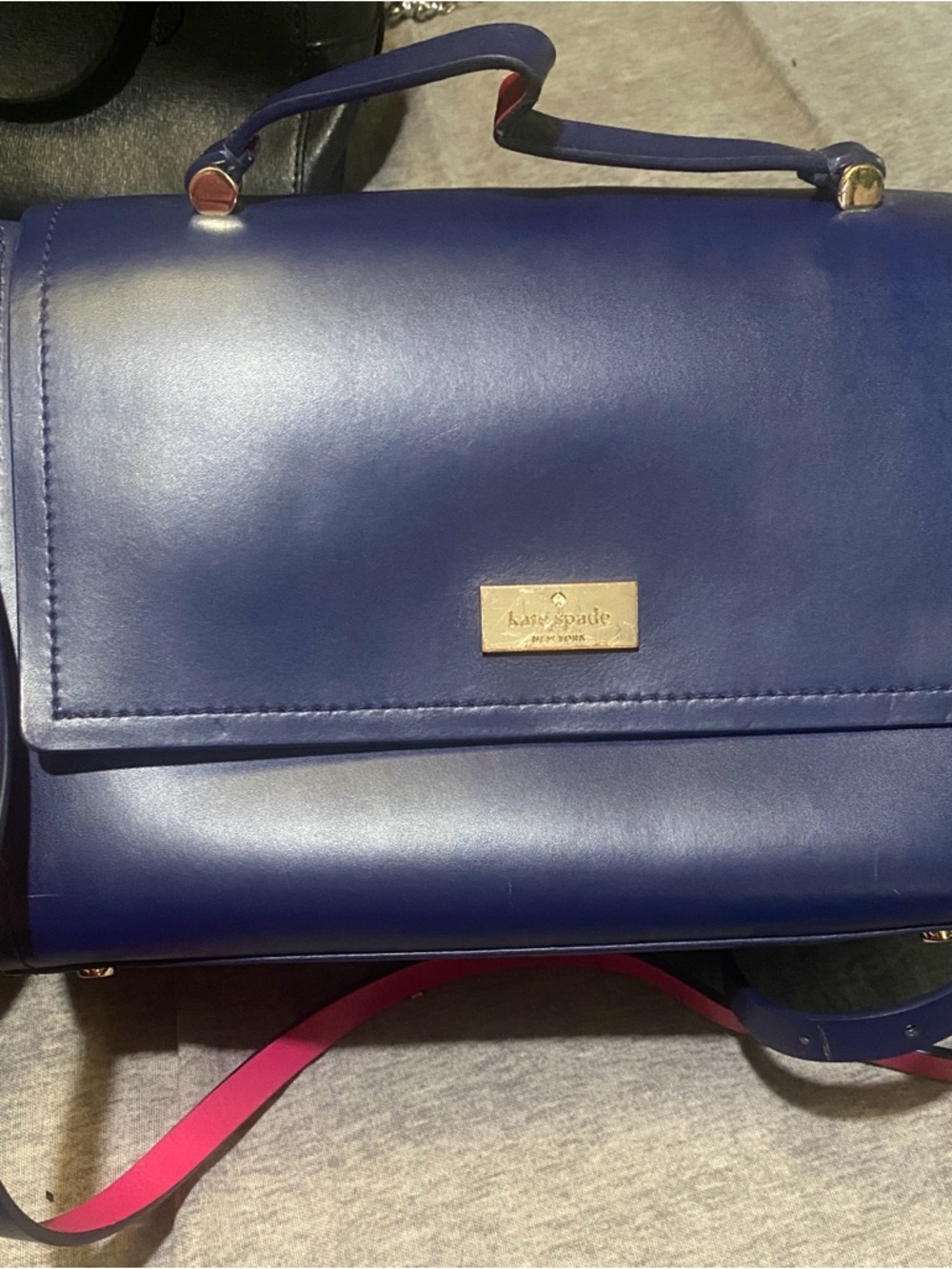 kate spade Blue Leather Top-Handle Satchel with Pink Strap Accent